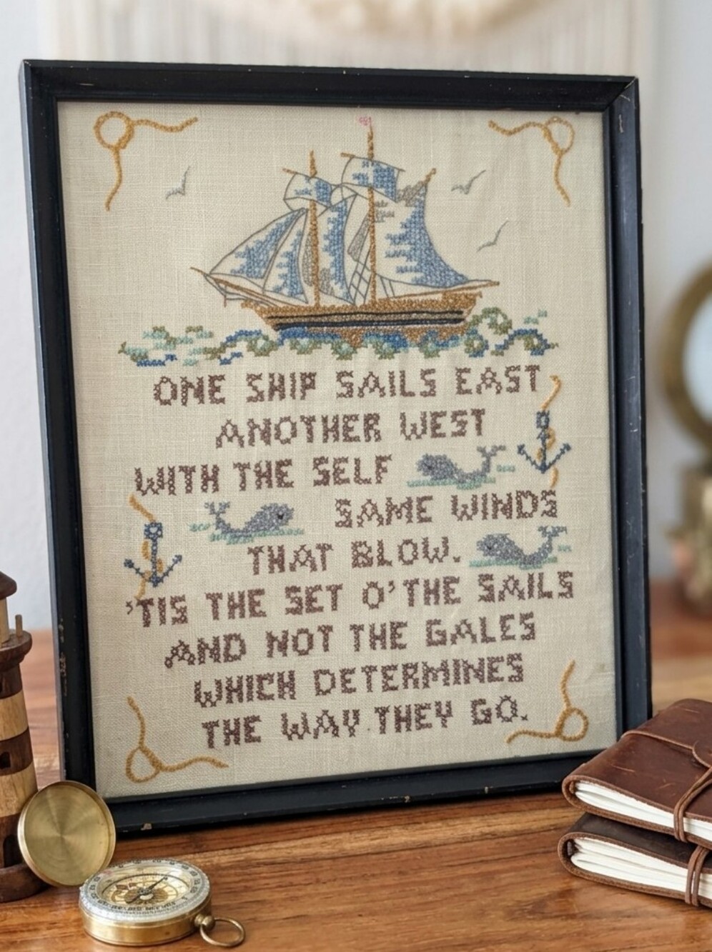Vintage Nautical Framed Cross Stitch Sailboat Poem Wall Hanging - Coastal Home